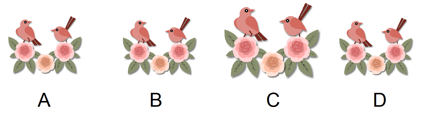 Četiri sličice na kojima su cvjetovii dvije ptice pri čemu je jedna sličica uljez