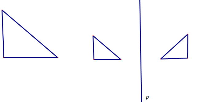Na slici su tri trokuta, drugi trokut je umanjeni prvi, a treći osnosimetričan drugome s obzirom na zadani pravac p