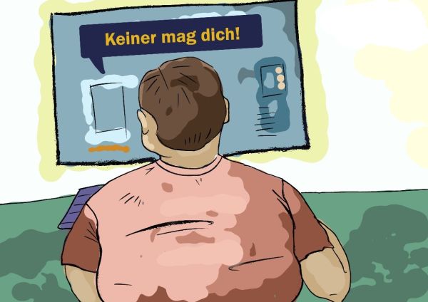 Ilustracija prikazuje punašnog mladića Alberta u kolicima koji sjedi ispred računala, a na zaslonu piše: Keiner mag dich!