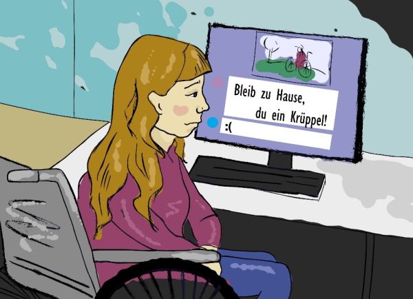 Ilustracija prikazuje djevojku Annabelle u kolicima koja sjedi ispred računala, a na zaslonu piše: Bleib zu Hause, du ein Krüppel!
