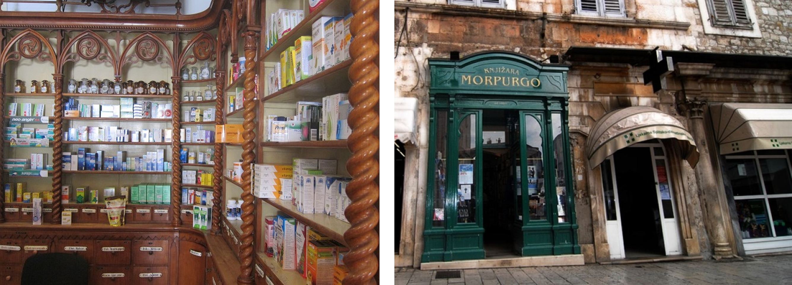 Na lijevoj je slici prikazana stara ljekarna, na desnoj je slici prikazana knjižara.