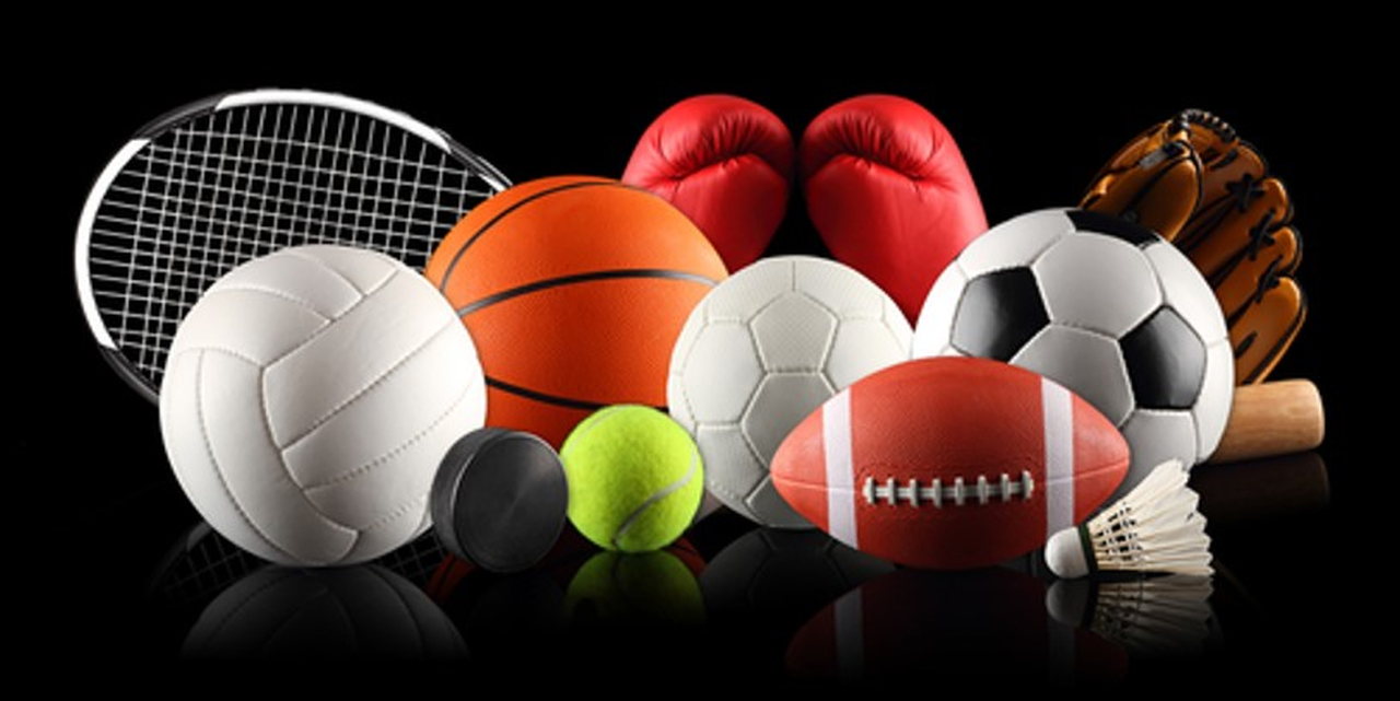 Na fotografiji su prikazane različite lopte za različite vrste sportova, teniski reket, boksačke rukavice, palica i rukavica za bejzbol.