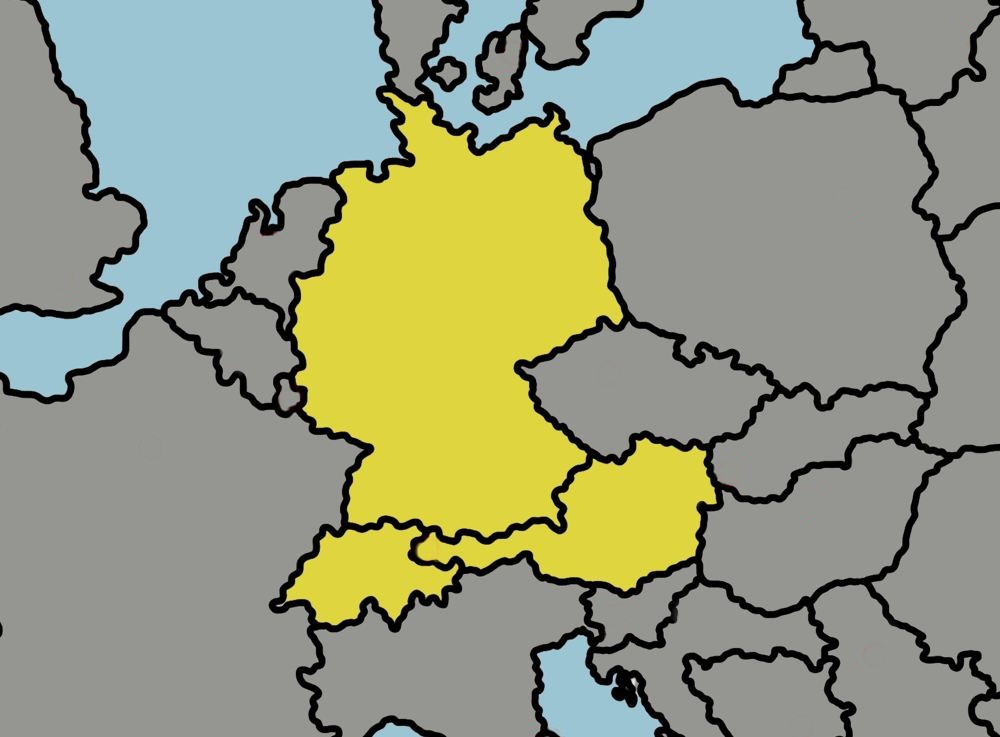 Na ilustraciji su prikazane države Europe, pri čemu su žutom bojom označene Njemačka, Austrija, Švicarska i Lihtenštajn.