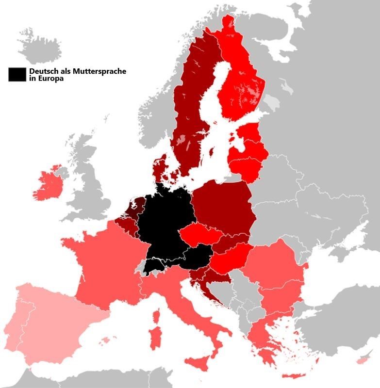 Karta Europe na kojoj su označene zemlje u kojima se govori njemački kao materinski jezik (DACHL države).