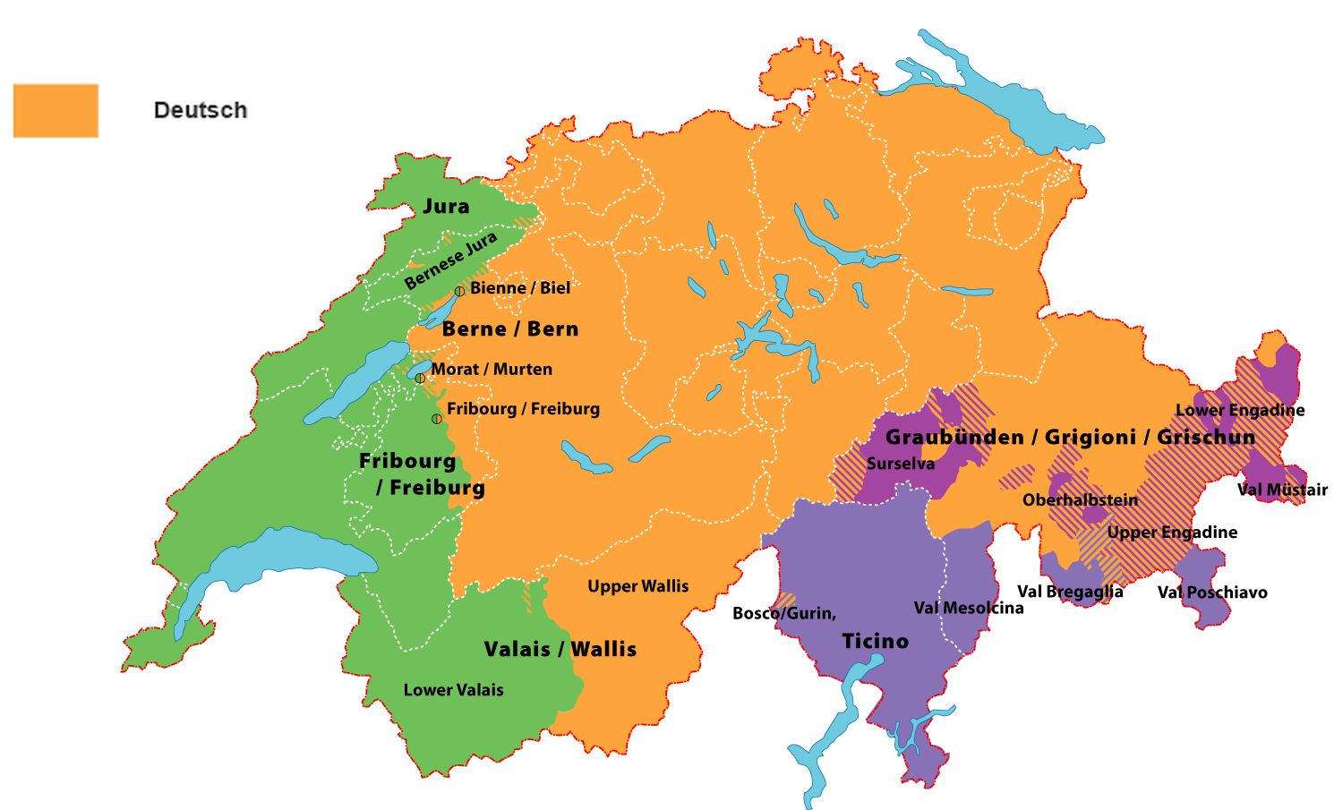 Na slici su označena 4 službena jezika koja se govore u Švicarskoj: njemački, talijanski, francuski i retoromanski.