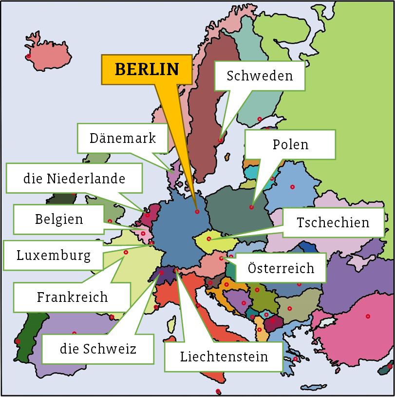 Slika prikazuje položaj Njemačke u Europi i susjedne države s nazivima država te položaj glavnoga grada Berlina.