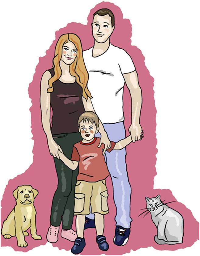 Na ilustraciji je prikazana tročlana obitelj: majka, otac i sin, lijevo je pas, a desno mačka.