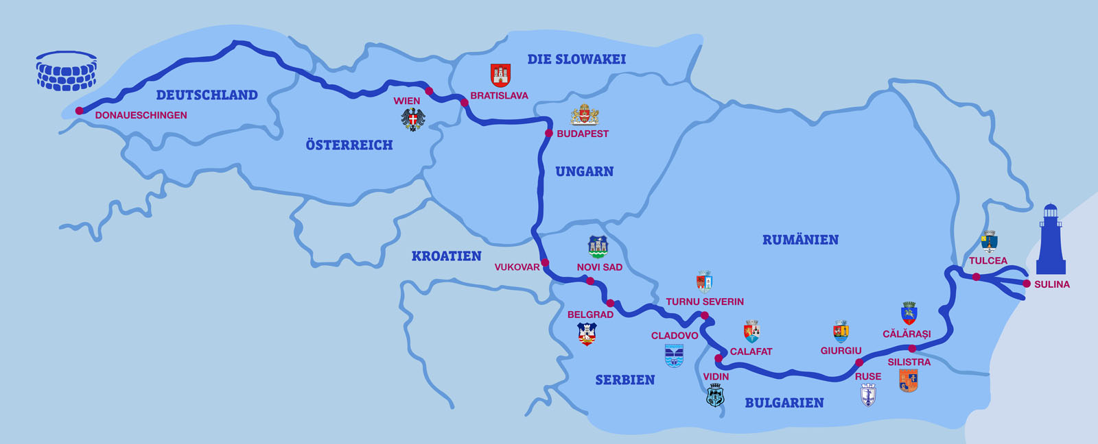 Slika pokazuje države kroz koje protječe rijeka Dunav.