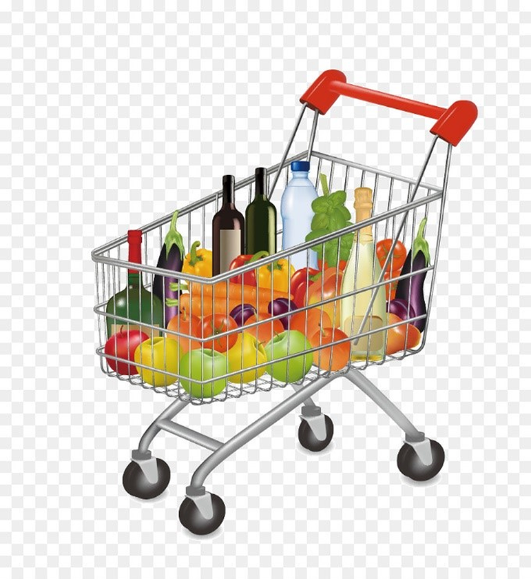 Na fotografiji su prikazana kolica za kupnju puna namirnica: voća, povrća, boca s pićima.