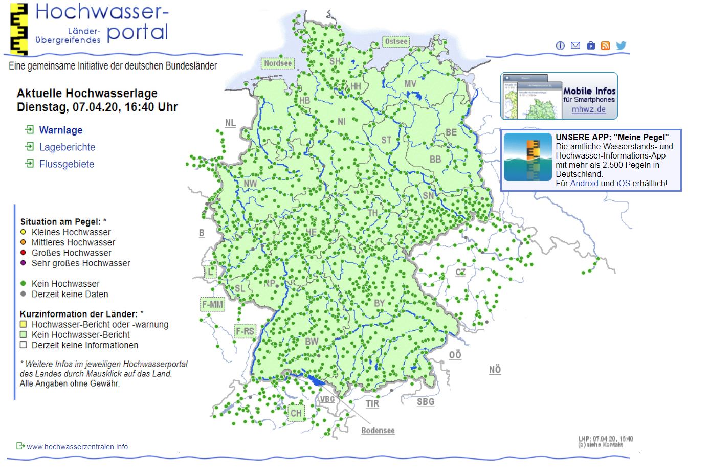 Slika zaslona mrežne stranice hochwasserzentralen.de na kojoj se može provjeriti stanje vodostaja u Njemačkoj.