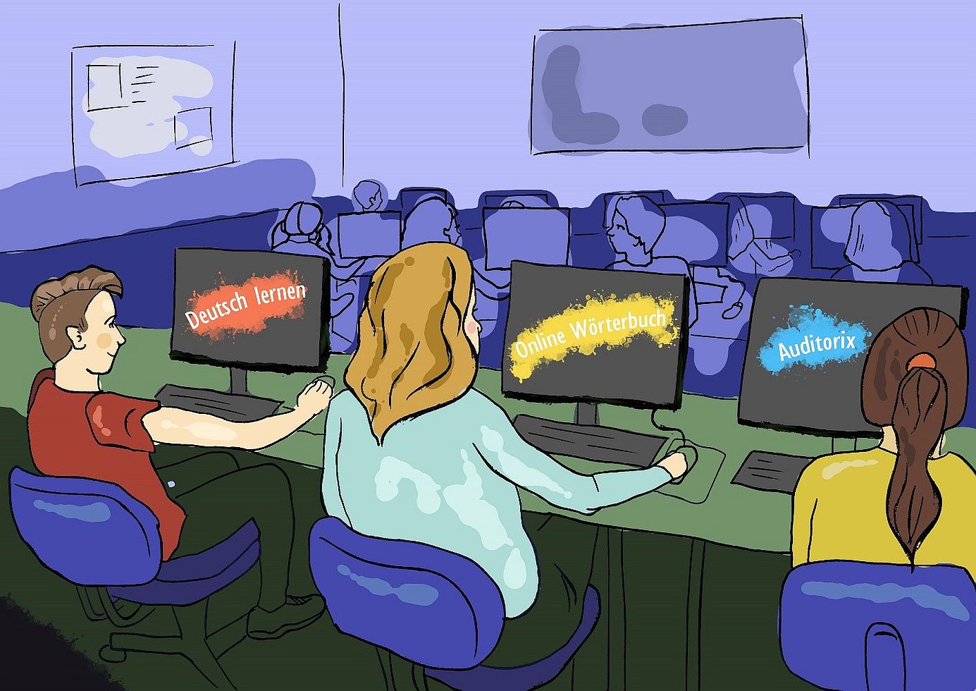 Ilustracija prikazuje dvije djevojke i jednog mladića u PC kabinetu koji uče njemački na internetu.