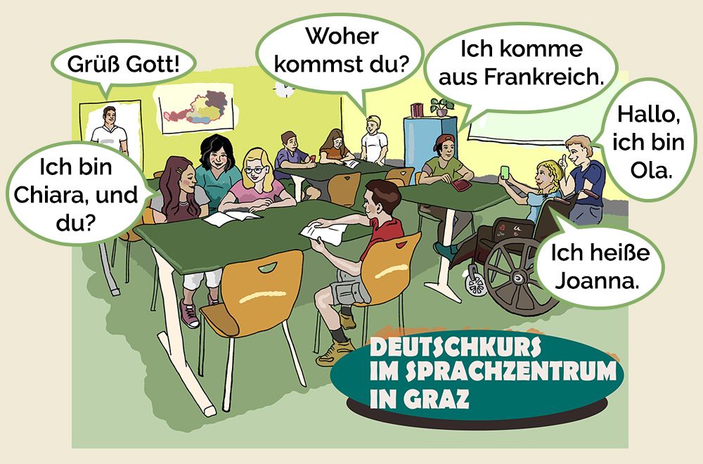 Na ilustraciji su prikazini mladići i djevojke iz različitih dijelova Europe na tečaju njemačkog jezika.