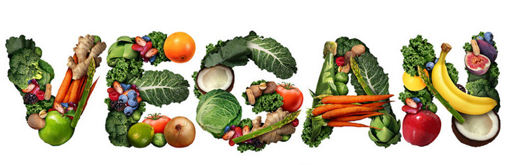 Slika prikazuje riječ vegan oblikovanu od voća i povrća.