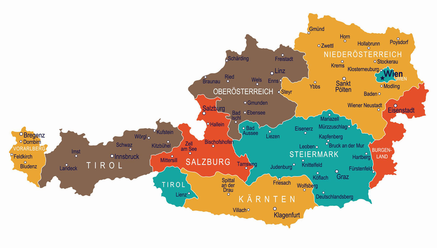 Slika prikazuje kartu Austrije na kojoj su označene pokrajine.