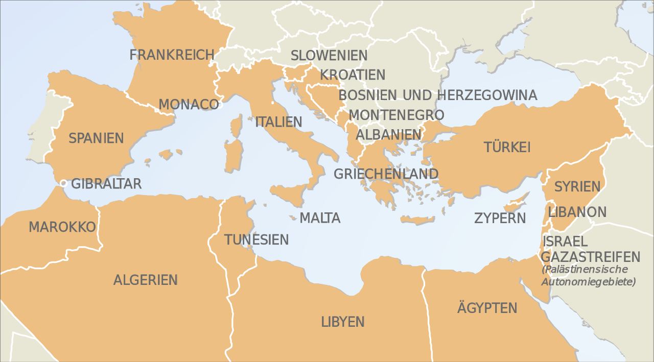Zemljopisna karta zemalja Sredozemnog mora.