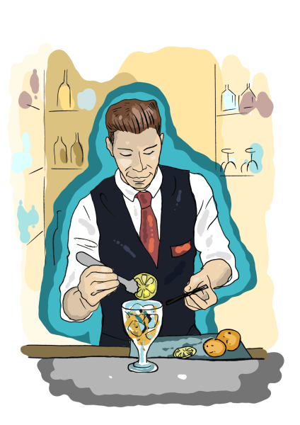 Na ilustraciji je prikazan konobar koji pravi koktel.
