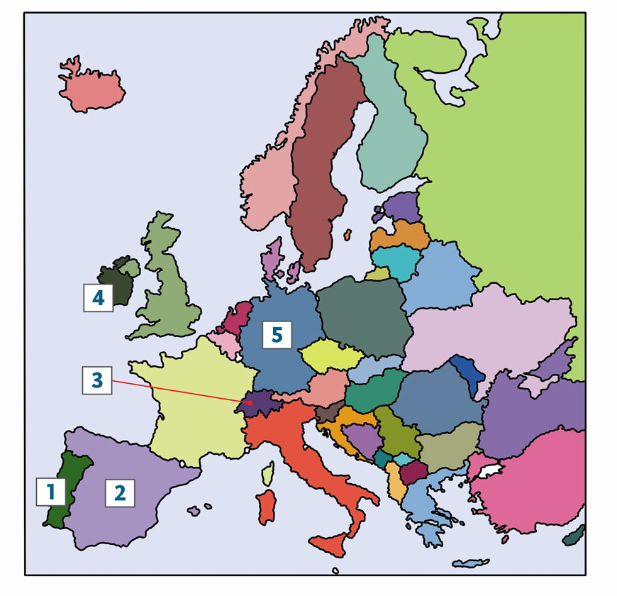 Na ilustraciji je prikazana karta Europe s brojčanim oznakama država od 1 do 5, pri čemu je br. 1 Portugal, br. 2 Španjolska, br. 3 Švicarska, br. 4 Irska, a br. 5 Njemačka.
