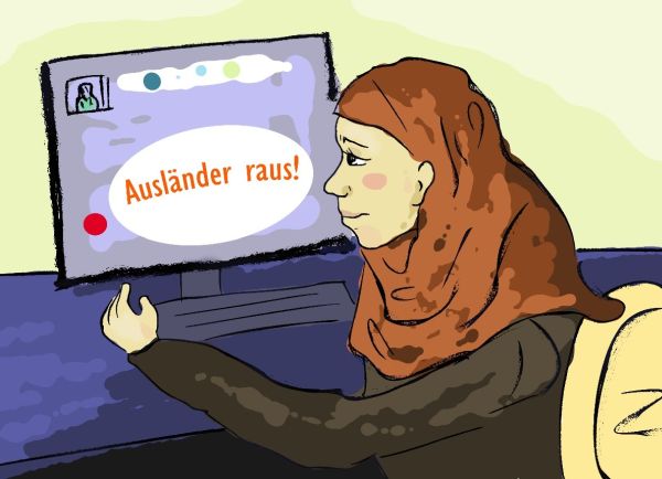 Ilustracija prikazuje djevojku Laylu povezane glave koja sjedi pred kompjutorom, a na zaslonu piše: Ausländer raus!