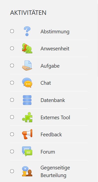 Na slici su prikazane aktivnosti na moodle platformi ovim redom: Abstimmung Anwesenheit Aufgabe Chat Datenbank Externes Tool Feedback Forum Gegenseitige Beurteilung.