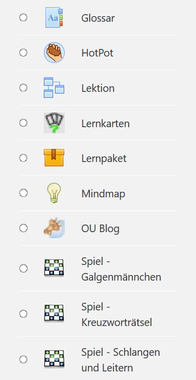 Na slici su prikazane aktivnosti na moodle platformi ovim redom: Glossar HotPot Lektion Lernkarten Mindmap OU Blog Spiel – Galgenmännchen Spiel – Schlangen und Leitern.