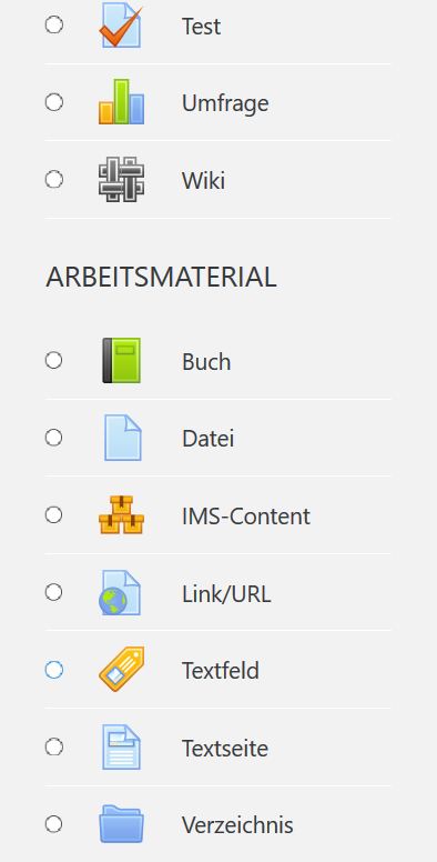 Na slici su prikazane aktivnosti na moodle platformi ovim redom: Test Umfrage Wiki ARBEITSMATERIAL Buch Datei IMC-Content Link/URL Textfeld Textseite Verzeichnis.