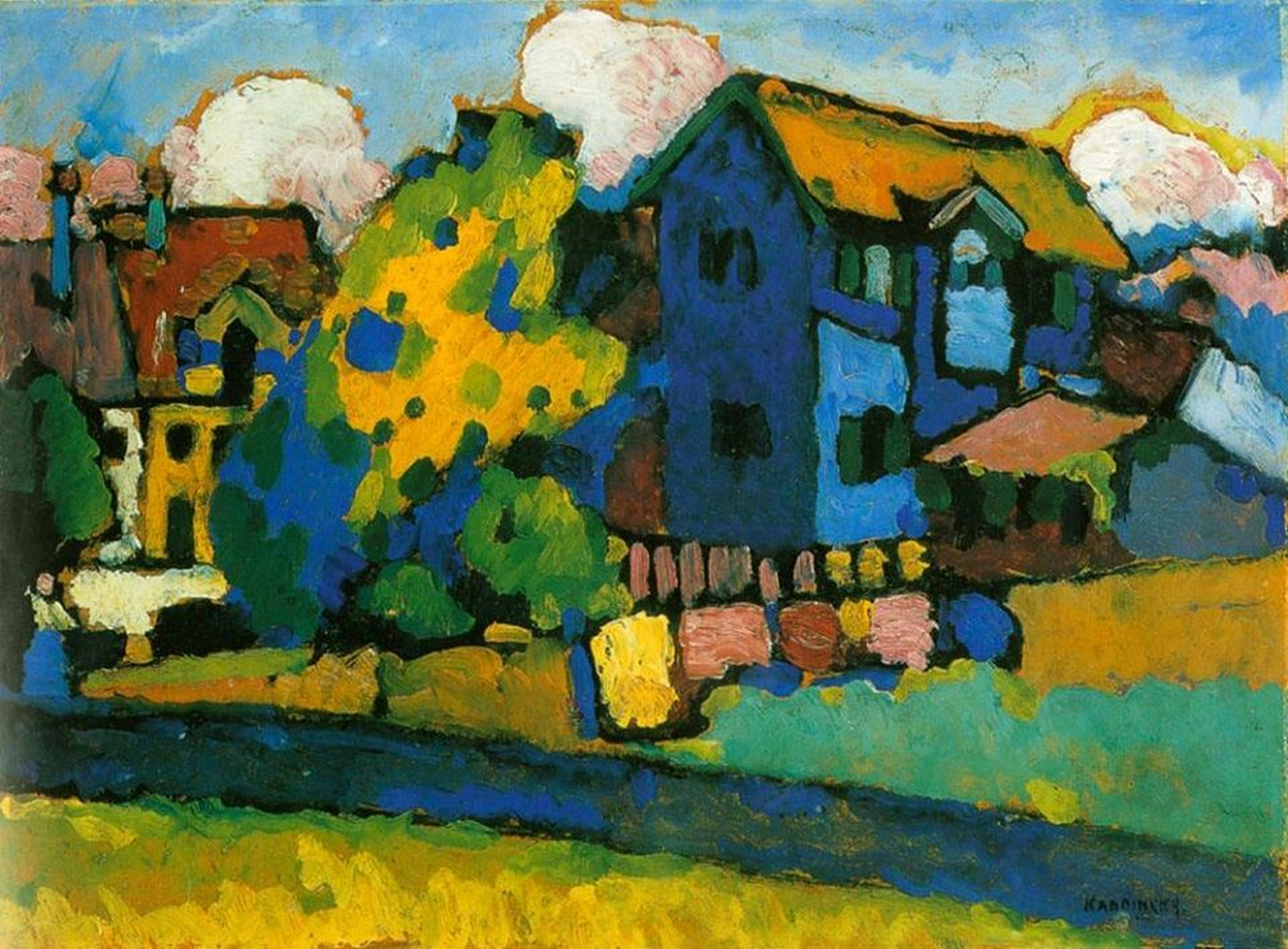 Umjetnička slika u ekspresionističkom stilu koja prikazuje drveće i kuće.