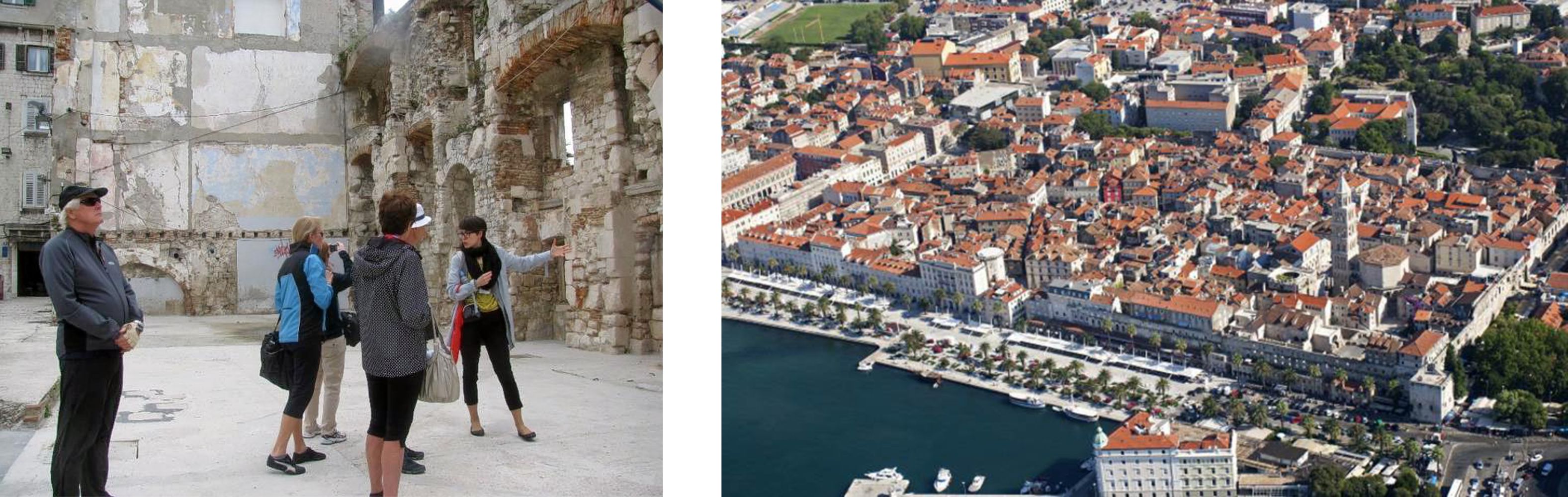 Na lijevoj je slici skupina turista s turističkim vodičem, na desnoj je prikazan grad Split iz ptičje perspektive.