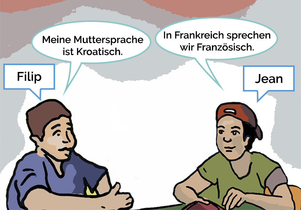 Ilustracija prikazuje Filipa i Jeana koji razgovaraju o svojim materinskim jezicima.