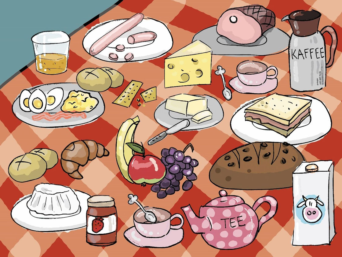 Ilustracija prikazuje stol prepun hrane koja se jede za doručak.