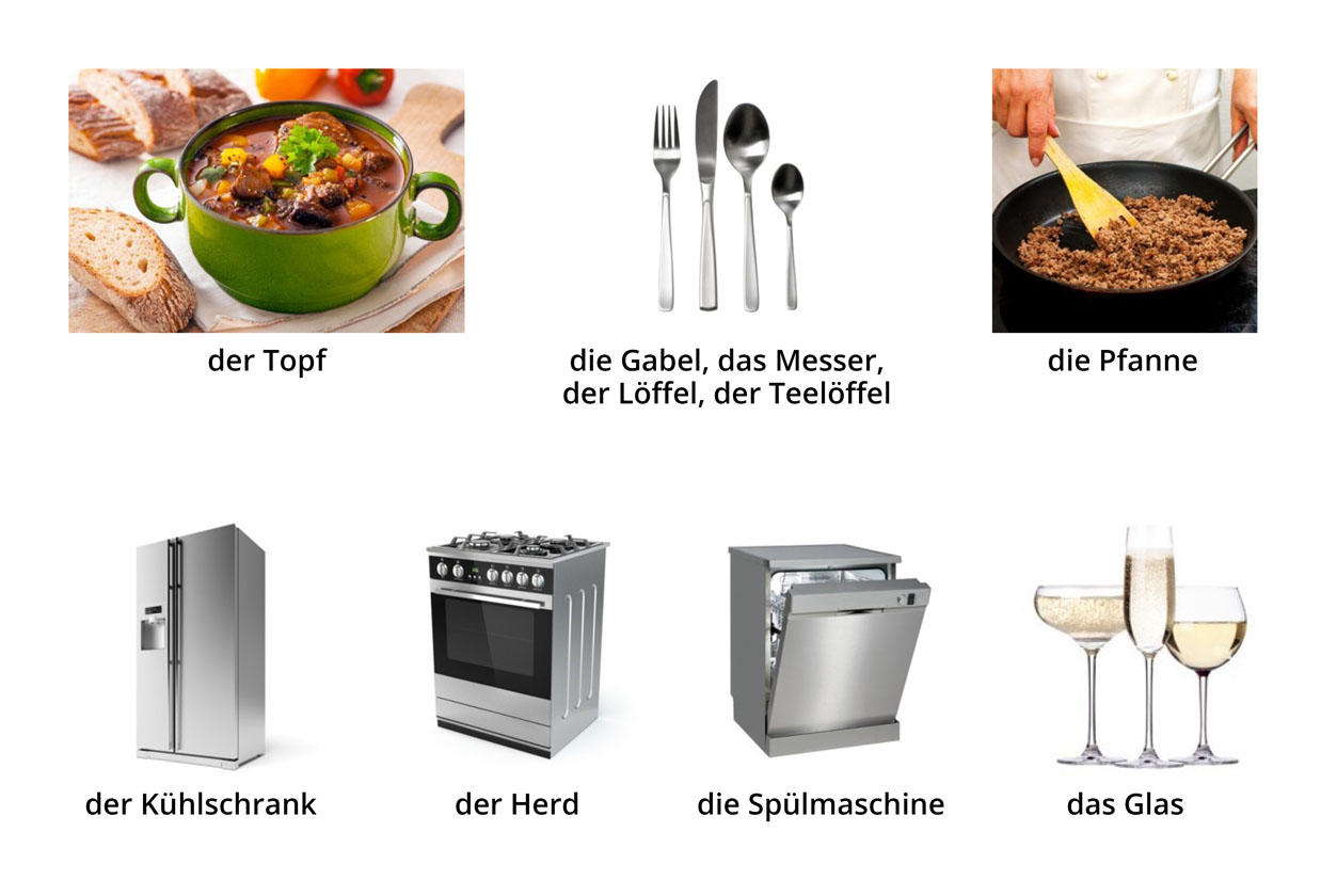Slika prikazuje različito posuđe i kuhinjske uređaje: lonac, vilicu, nož, jušnu žlicu, čajnu žličicu, tavu, hladnjak, pećnicu, perilicu posuđa i čaše.
