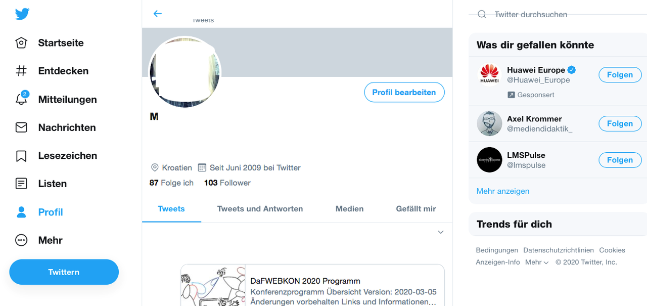 Na slici je prikazano kako izgleda profil na Twitteru na njemačkom jeziku.