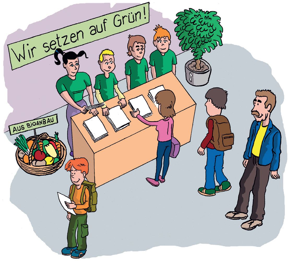 Na crtežu je prikazan štand s volonterima u zelenome i učenicima koji prilaze štandu.
