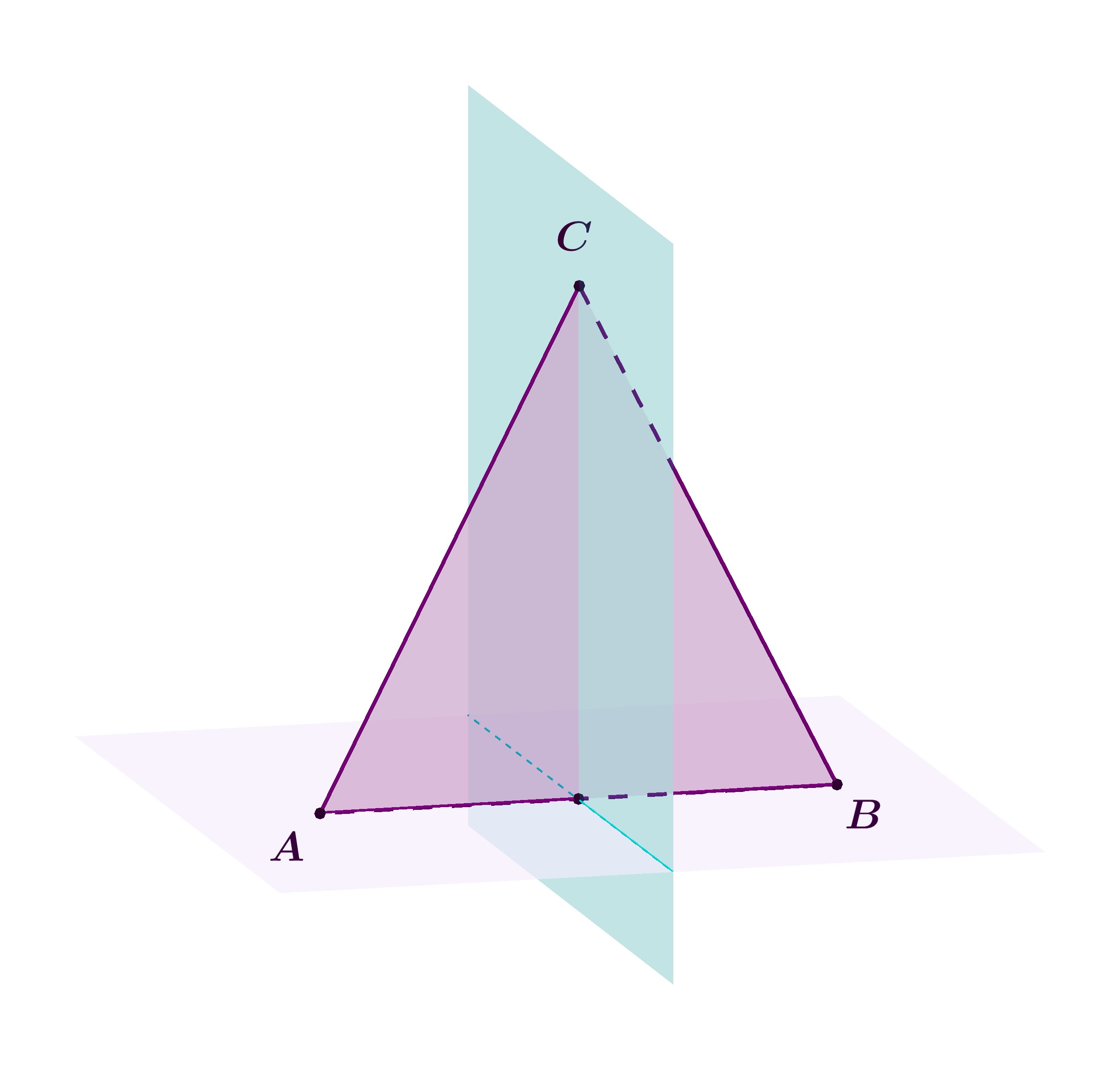 Simetralna ravnina raspolavlja jednakostranični trokut i okomiti su.