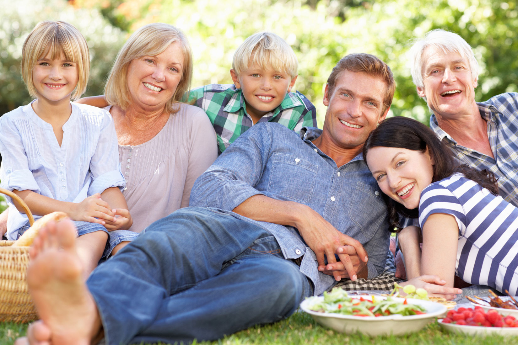 Fotografija prikazuje veselu obitelj(otac, majka, baka, djed i dvoje djece) koja sjedi na travi. Na travi uz njih je hrana. Obitelj je na izletu.