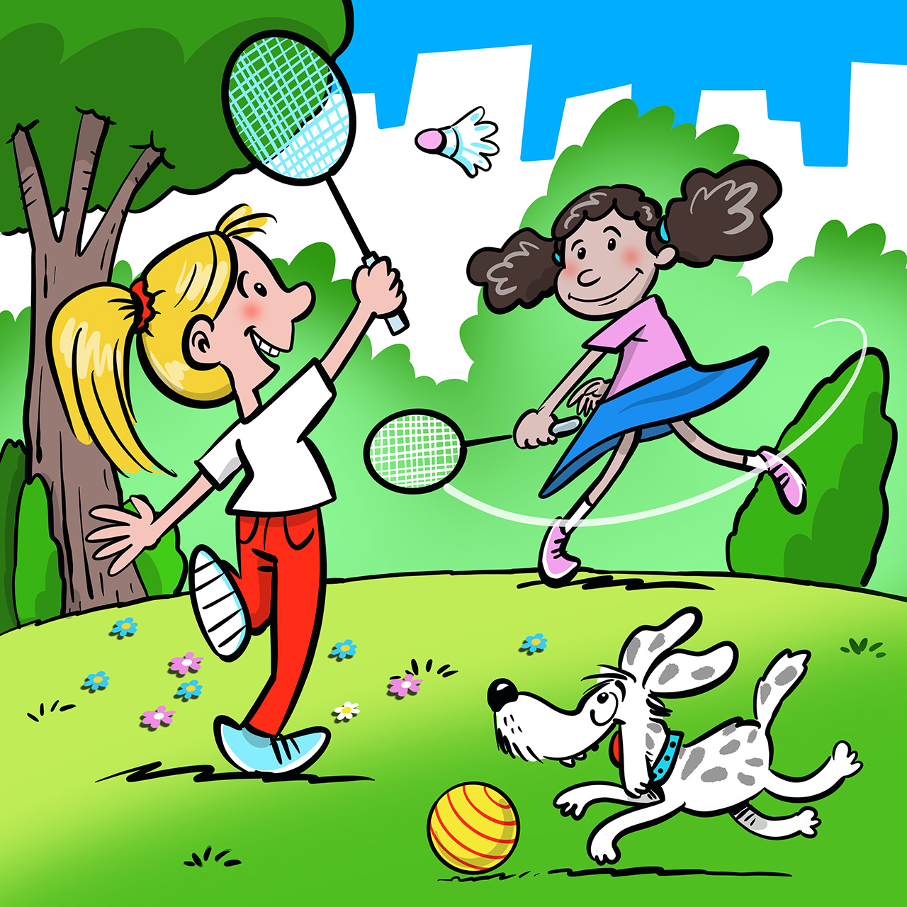 Dvije djevojčice igraju badminton u parku, a pored njih je mali bijeli psić koji veselo trči za loptom. 