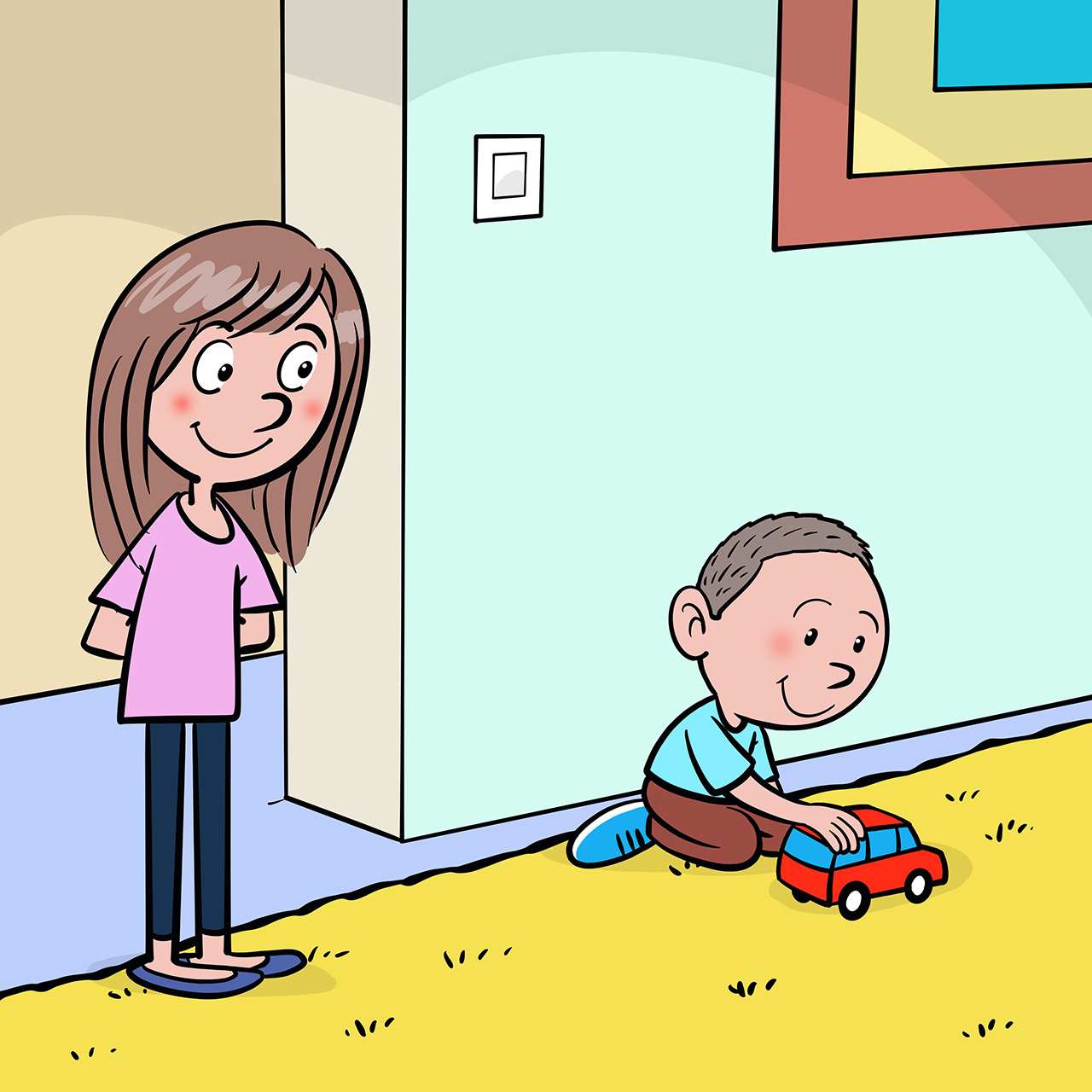 Sestra promatra Marka dok se na podu igra s autićem.