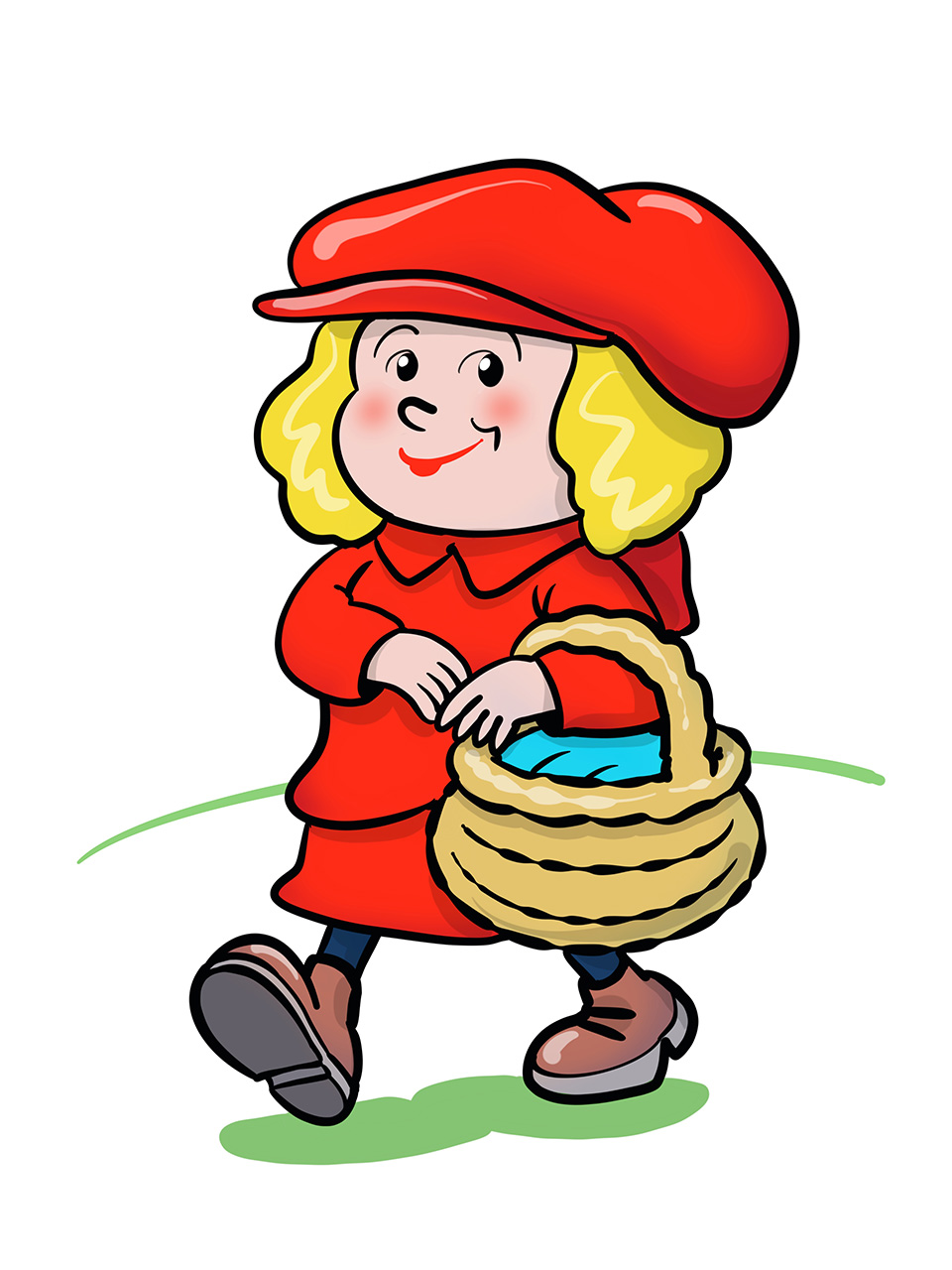 Crvenkapica odjevena u crveni kaputić i s crvenom kapom na glavi, Pod rukom nosi košaru s hranom.