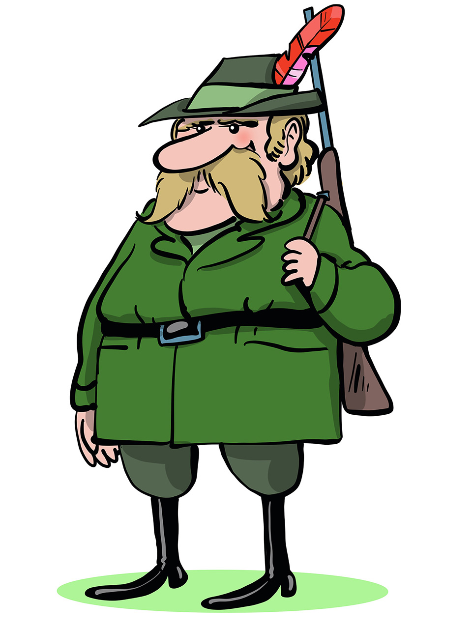 Brkati lovac krupnije građe odjeven u zelenu lovačku odoru i s puškom na lijevom ramenu.