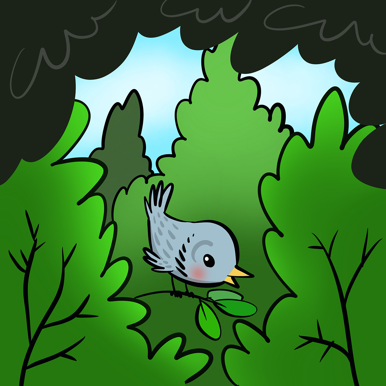 Ptičica sjedi na grančici zelenog grma. 