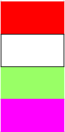Četiri pravokutnika, jedan na drugom, i to crvene, bijele, zelene i ljubičaste boje kojima treba pridružiti oznake heksadekadskog broja.