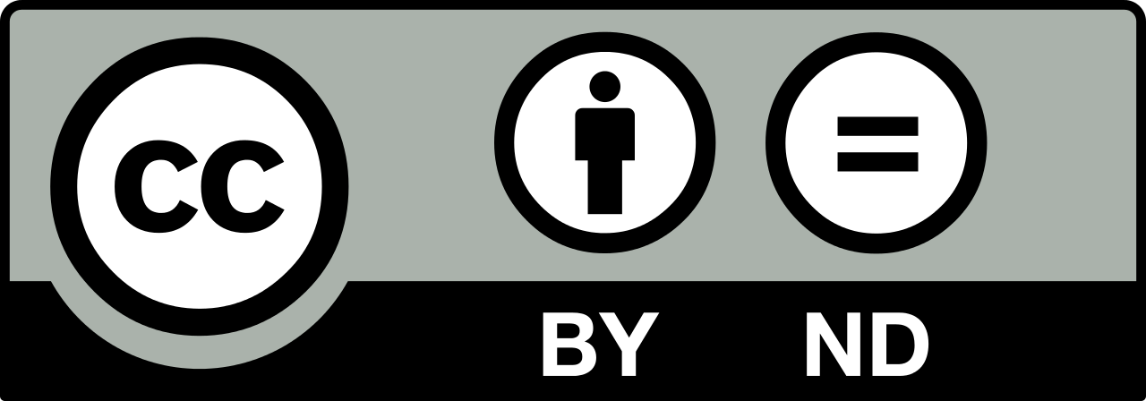 Pravokutni znak kojem su gornje dvije trećine sive boje dok je najdonja trećina crne boje. Krajnje lijevo je krug crnog obruba i bijele podloge na kojoj su slova CC. Desno je krug crnog obruba i bijele podloge na kojoj je crna stilizirana figura čovjeka. Ispod tog kruga su bijela slova BY. Krajnje desno je krug crnog obruba i bijele podloge na kojoj su dvije paralelne crne, horizontalne crte kao znak jednakosti. Ispod ovog kruga su bijela slova ND.
