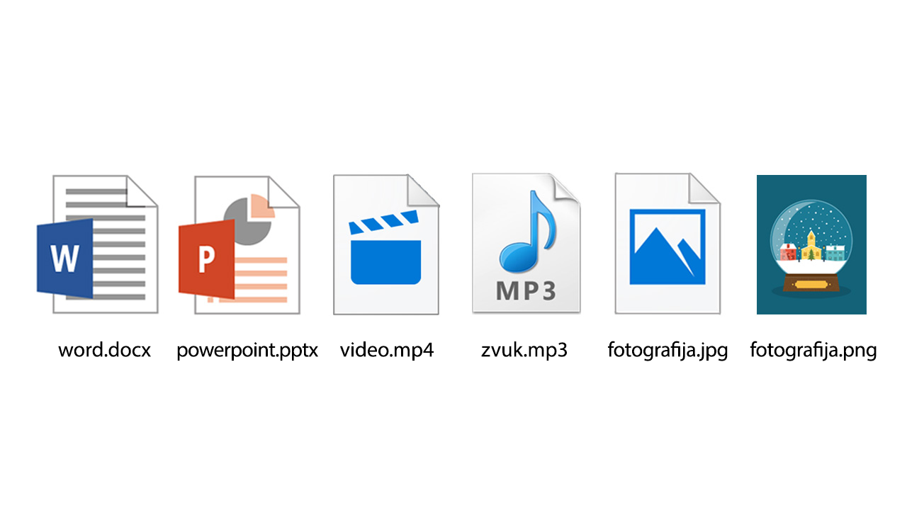 Ikone tekstualne, PowerPoint, video, audio i foto datoteke. 