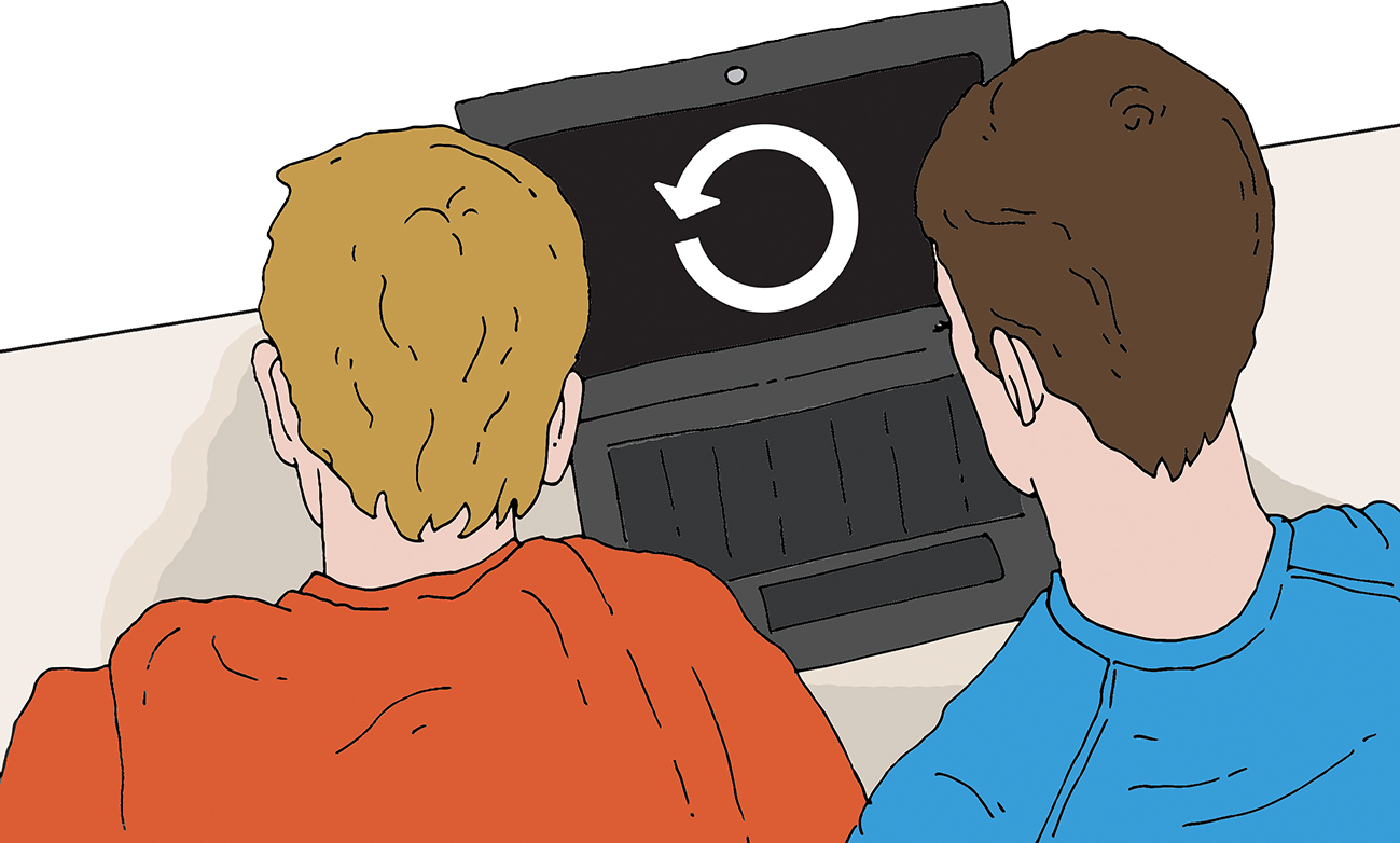 Josip i Šime gledaju u zaslon prijenosnog računala na kojem je simbol petlje - strelica koja se kreće u smjeru suprotnom od kazaljki na satu i radi krug. 