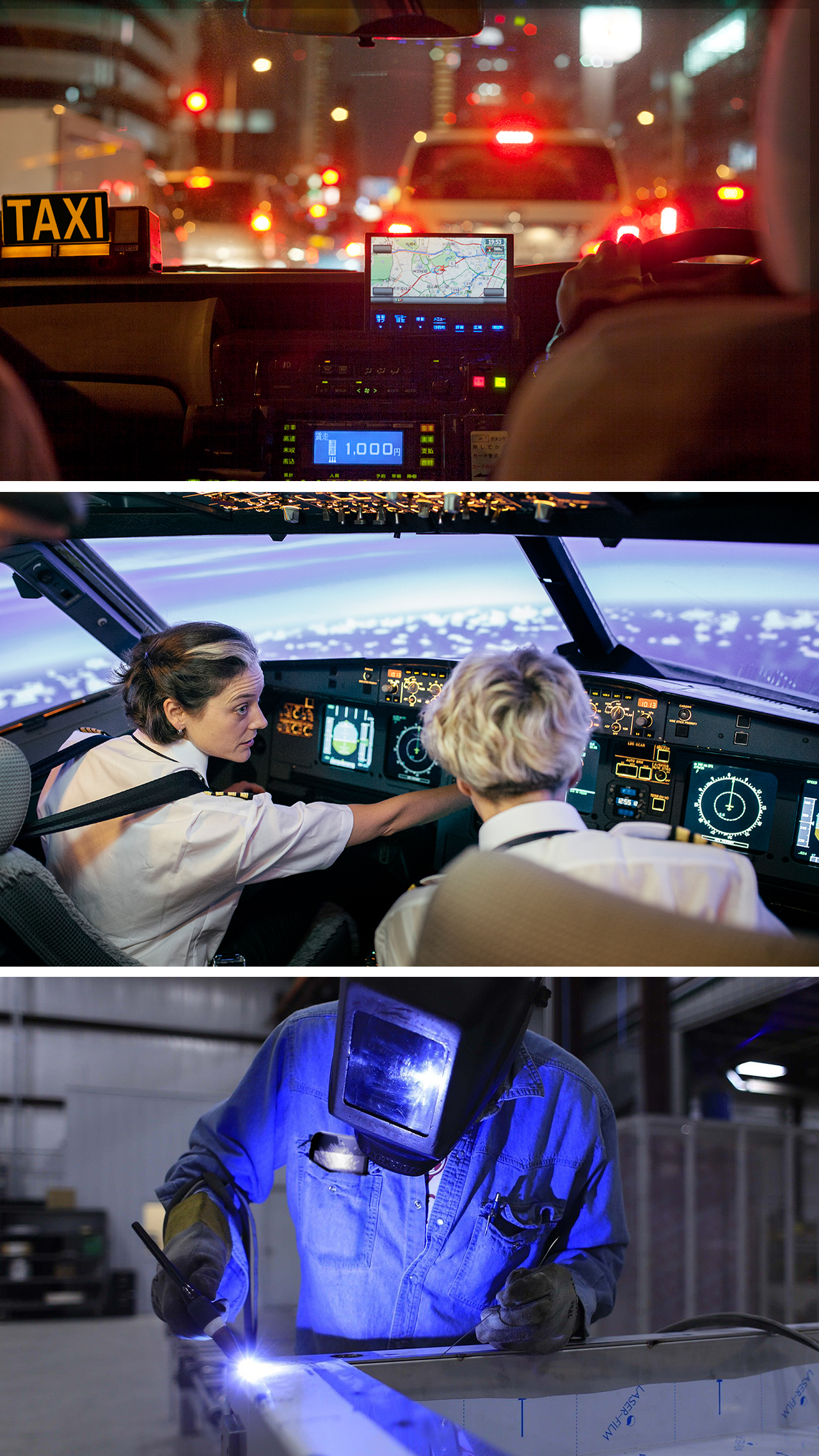 Tri su dijela fotografije koja pokazuju uporabu IKT-a u različitim zanimanjima (taksist, pilotkinja i zavarivač).