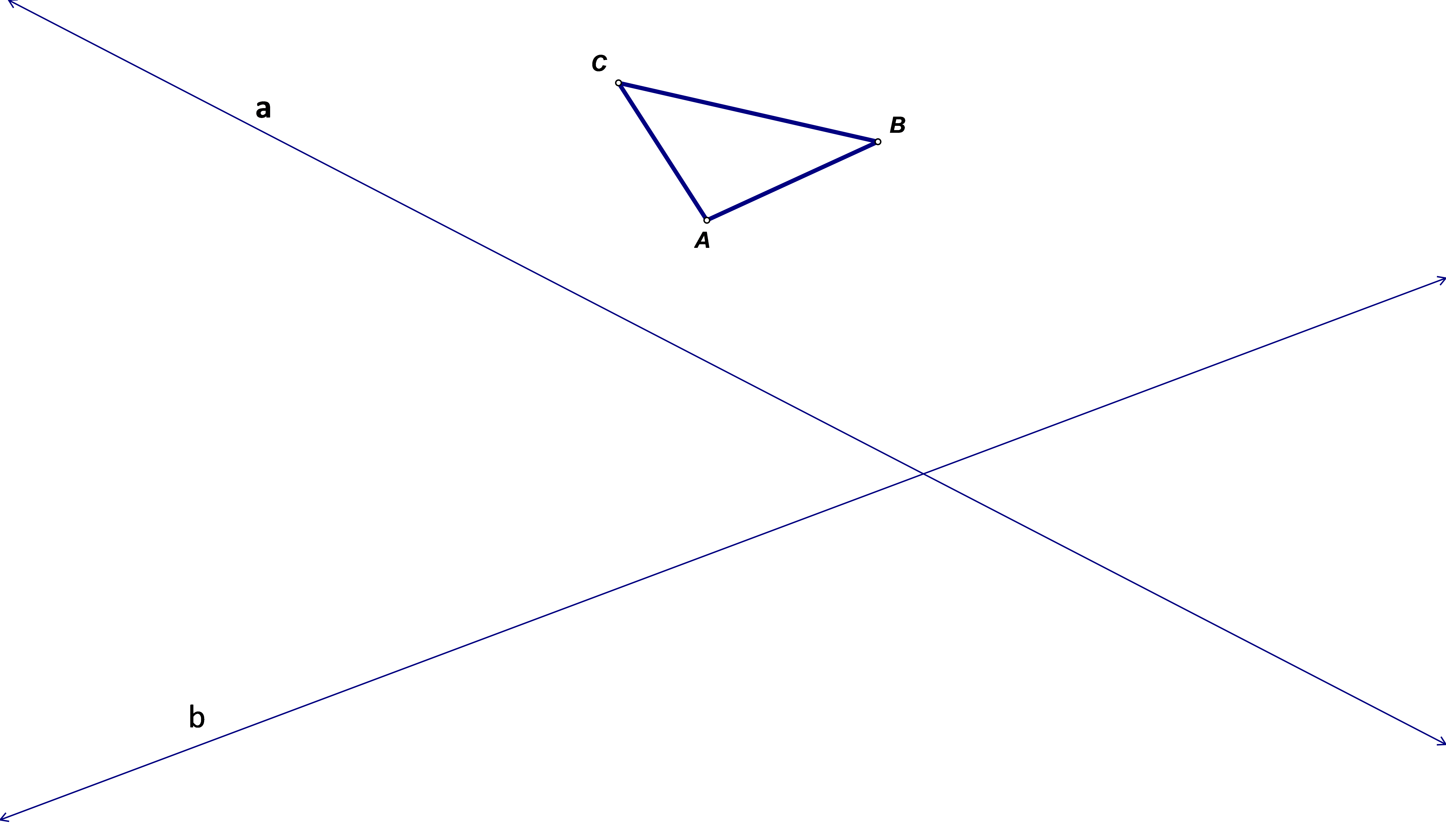 Na slici je trokut i dva ukrštena ali ne međusobno okomita pravca. Potrebno je napraviti uzastopne osne simetrije s obzirom na te osi.
