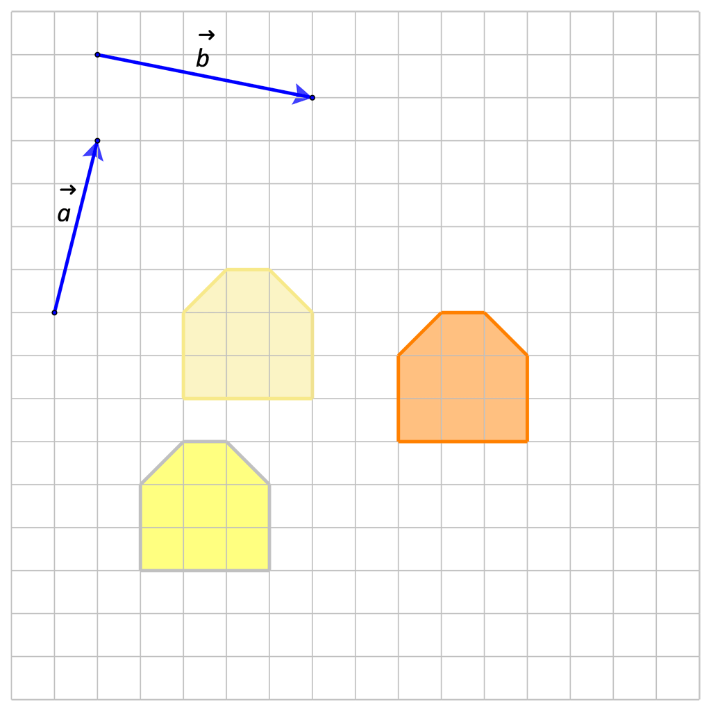Na slici je šesterokut nacrtan u mreži kvadtatića i dva vektora čije su rubne točke u čvorovima mreže. Šesterokut je translatiran prvo za jedan, a onda je njegova slika translatirana za drugi zadani vektor.