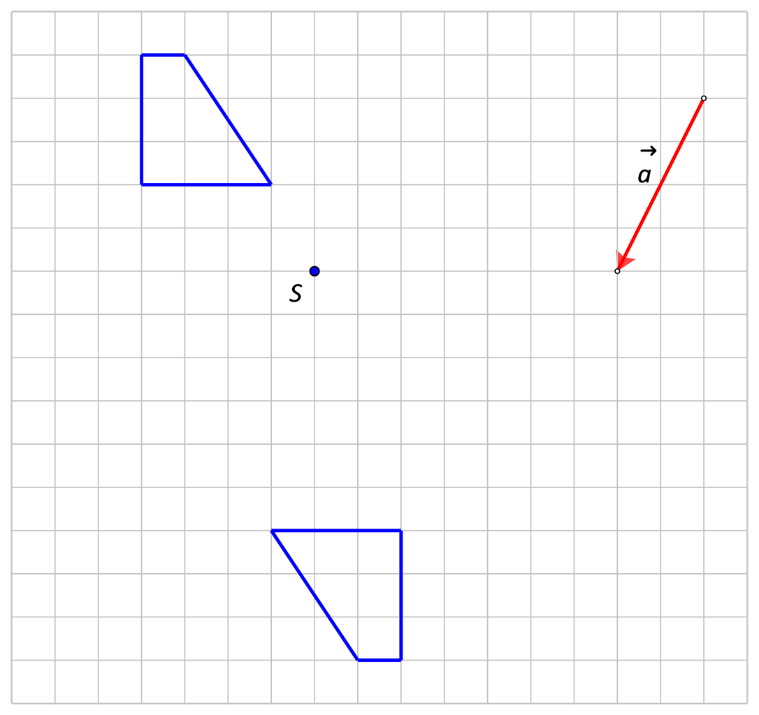 Na slici je četverokut nacrtan u mreži kvadratića, istaknuta je točka S i vektor c. Nacrtani četverokut preslikan je kompozicijom centralne simetrije i translacije. Traži se "zamjensko preslikavanje".