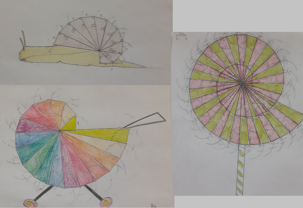 Na slikama su učenički crteži inspirirani spiralom drugog korijena.