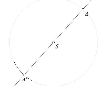 Slika prikazuje konstrukciju centralno simetrične točke A' točke A s obzirom na središte centralne simetrije S