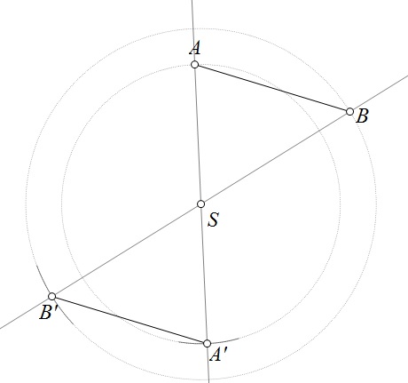 Slika prikazuje dužinu AB i njezinu centralnosimetričnu sliku, dužinu A'B' s obzirom na središte simetrije S